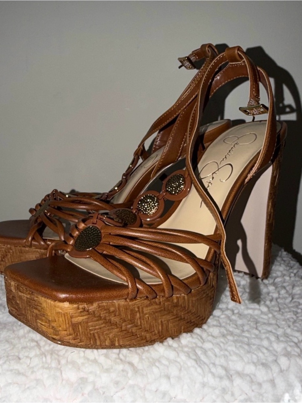 Jessica Simpson Cognac Brown Woven Platform Strappy Heels